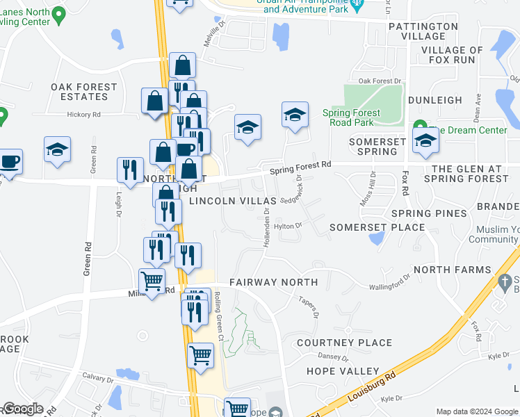 map of restaurants, bars, coffee shops, grocery stores, and more near 3810 Grey Harbor Drive in Raleigh