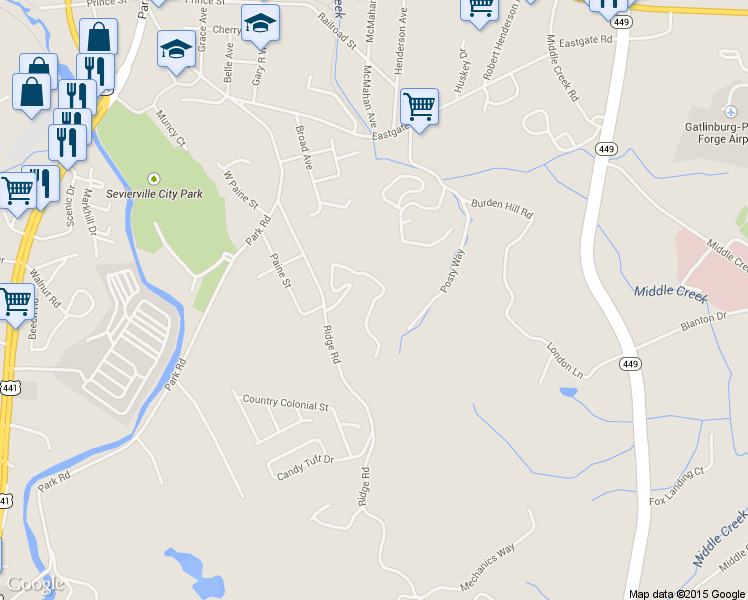 map of restaurants, bars, coffee shops, grocery stores, and more near 517 Apple Ridge Way in Sevierville