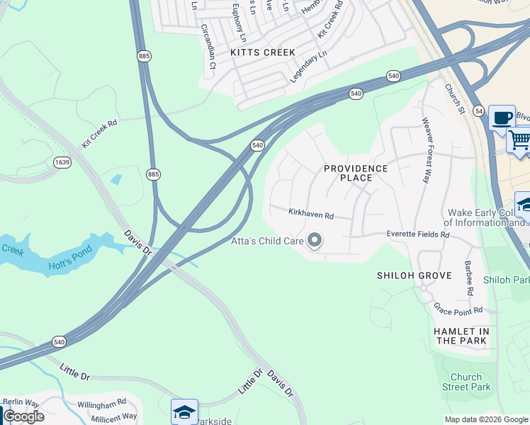 map of restaurants, bars, coffee shops, grocery stores, and more near 2014 Junewood Lane in Morrisville