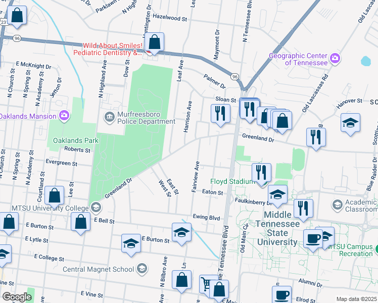 map of restaurants, bars, coffee shops, grocery stores, and more near 919 Greenland Drive in Murfreesboro