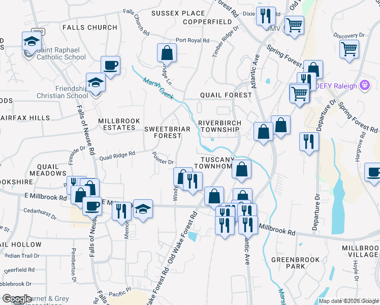map of restaurants, bars, coffee shops, grocery stores, and more near 5126 Windy Hill Drive in Raleigh