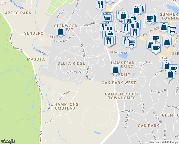 map of restaurants, bars, coffee shops, grocery stores, and more near 4610 Delta Lake in Raleigh