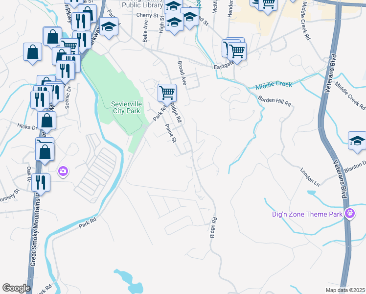 map of restaurants, bars, coffee shops, grocery stores, and more near 630 Paine Street in Sevierville