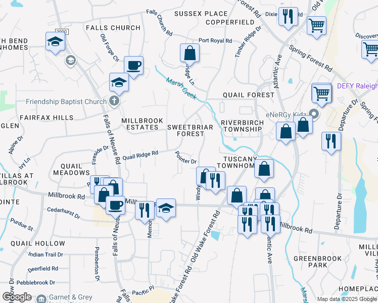 map of restaurants, bars, coffee shops, grocery stores, and more near 5812 Pointer Drive in Raleigh