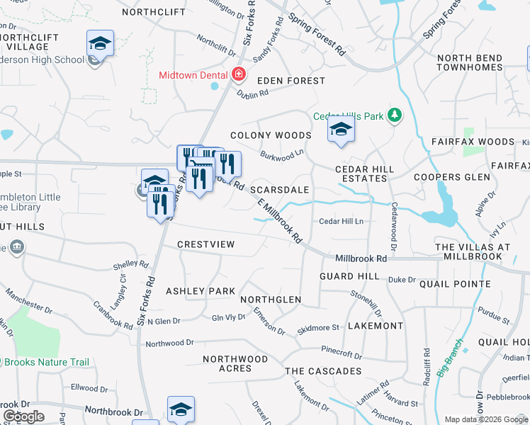 map of restaurants, bars, coffee shops, grocery stores, and more near 322 Millbrook Road in Raleigh