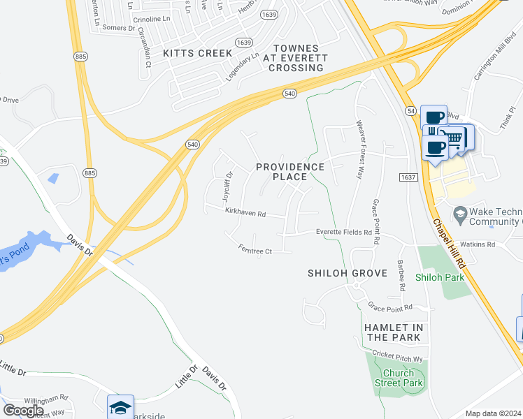 map of restaurants, bars, coffee shops, grocery stores, and more near 2024 Kirkhaven Road in Morrisville