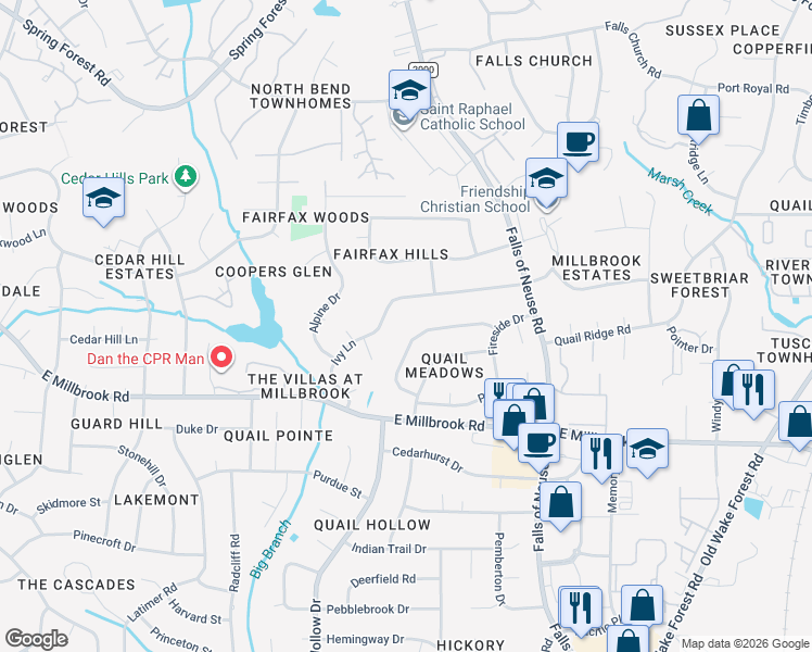 map of restaurants, bars, coffee shops, grocery stores, and more near 1218 Ivy Lane in Raleigh