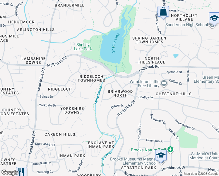 map of restaurants, bars, coffee shops, grocery stores, and more near 1544 Shadowood Lane in Raleigh