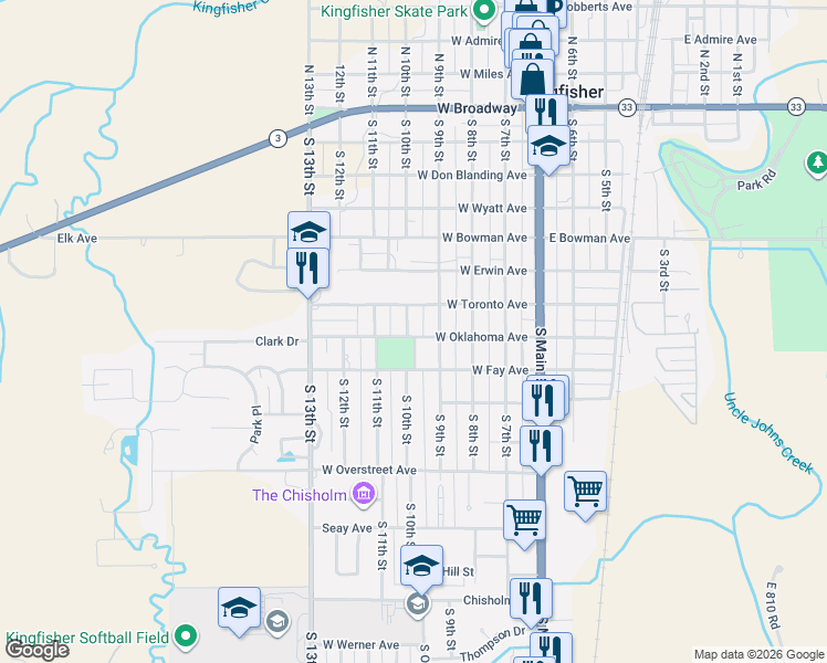 map of restaurants, bars, coffee shops, grocery stores, and more near 702 South 10th Street in Kingfisher