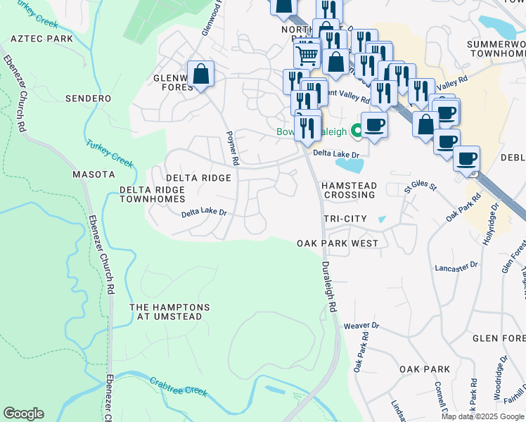 map of restaurants, bars, coffee shops, grocery stores, and more near 5600 Briar Oaks Lane in Raleigh
