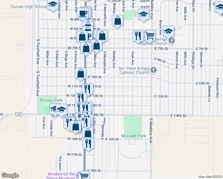 map of restaurants, bars, coffee shops, grocery stores, and more near East 11th Street in Dumas