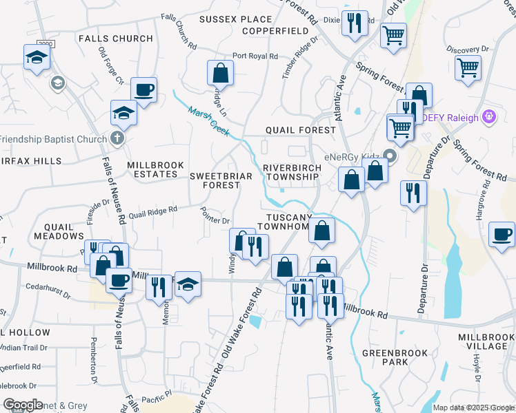map of restaurants, bars, coffee shops, grocery stores, and more near 2010 Hodge Creek Drive in Raleigh