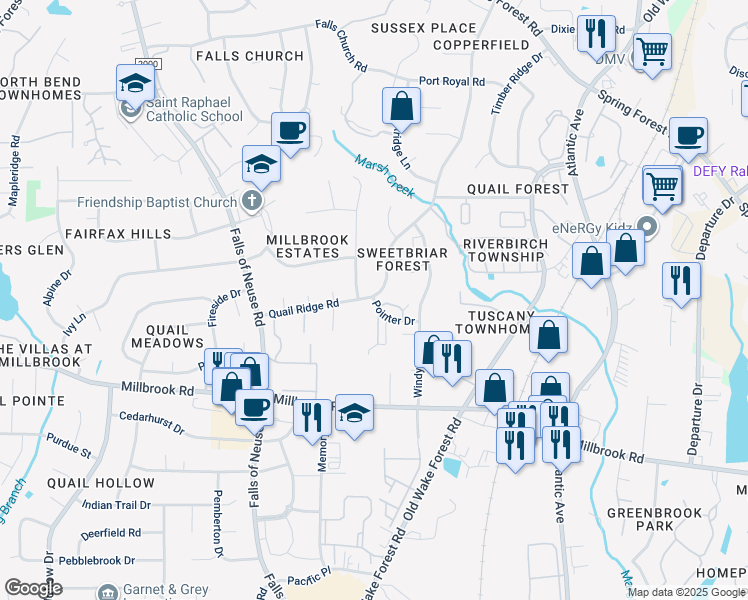 map of restaurants, bars, coffee shops, grocery stores, and more near 1752 Quail Ridge Road in Raleigh
