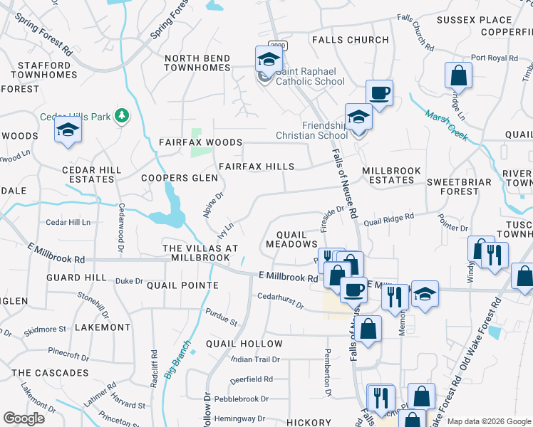 map of restaurants, bars, coffee shops, grocery stores, and more near 1218 Ivy Lane in Raleigh