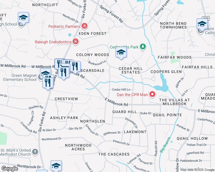 map of restaurants, bars, coffee shops, grocery stores, and more near 301 Cedarcrest Court in Raleigh