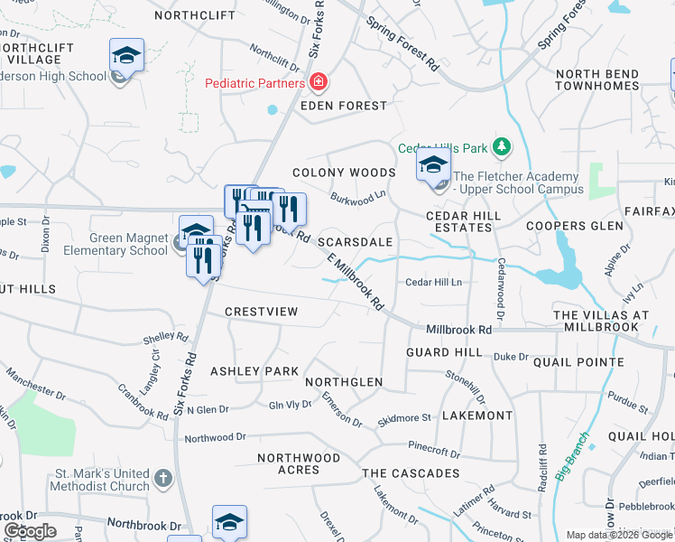 map of restaurants, bars, coffee shops, grocery stores, and more near 5507 Farley Drive in Raleigh