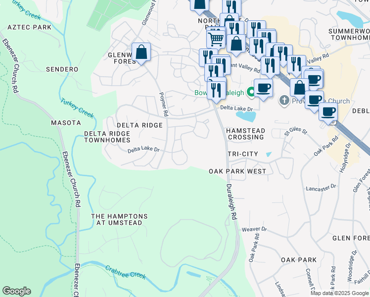map of restaurants, bars, coffee shops, grocery stores, and more near 5600 Briar Oaks Lane in Raleigh
