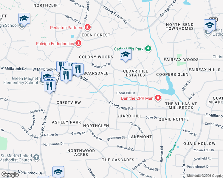 map of restaurants, bars, coffee shops, grocery stores, and more near 301 Cedarcrest Court in Raleigh