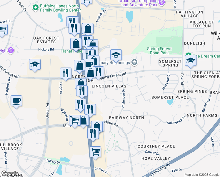 map of restaurants, bars, coffee shops, grocery stores, and more near 3714 San Pablo Drive in Raleigh