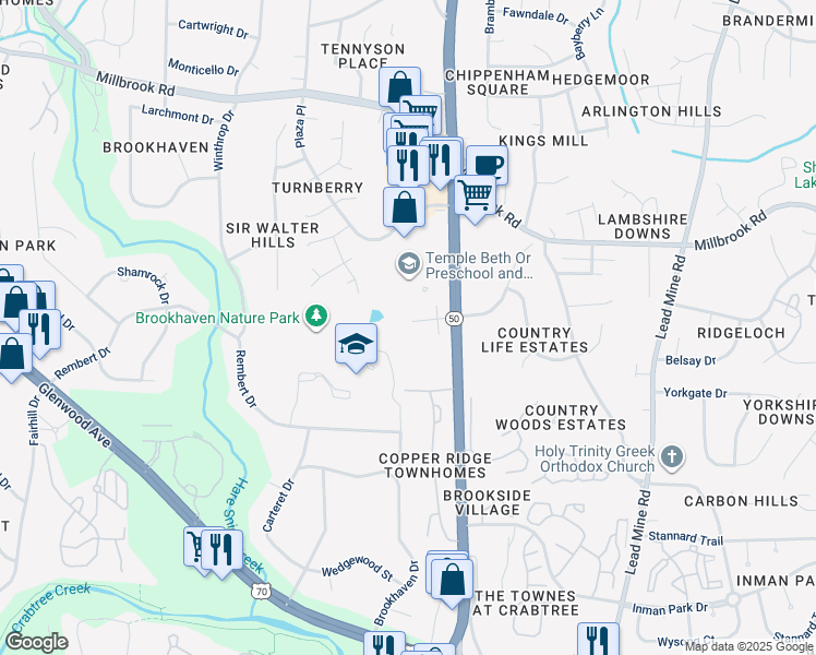 map of restaurants, bars, coffee shops, grocery stores, and more near 5301 Creedmoor Road in Raleigh