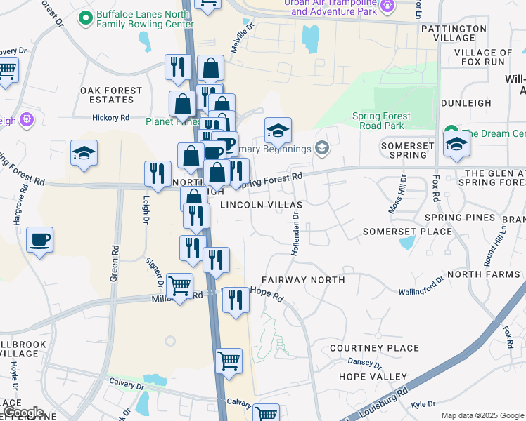 map of restaurants, bars, coffee shops, grocery stores, and more near 3714 San Pablo Drive in Raleigh