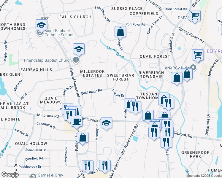map of restaurants, bars, coffee shops, grocery stores, and more near 5800 Pointer Drive in Raleigh