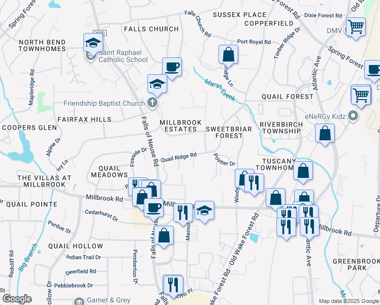 map of restaurants, bars, coffee shops, grocery stores, and more near 5201 Cherrywood Court in Raleigh