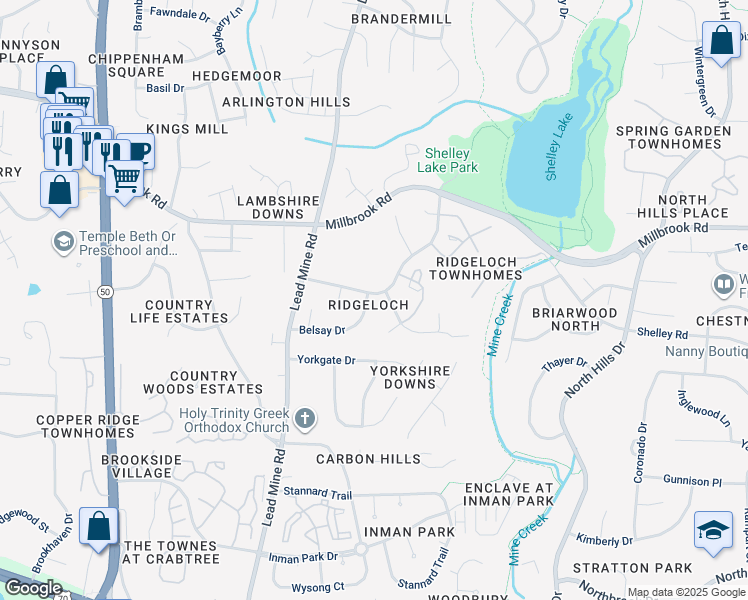 map of restaurants, bars, coffee shops, grocery stores, and more near 5500 Old Towne Road in Raleigh