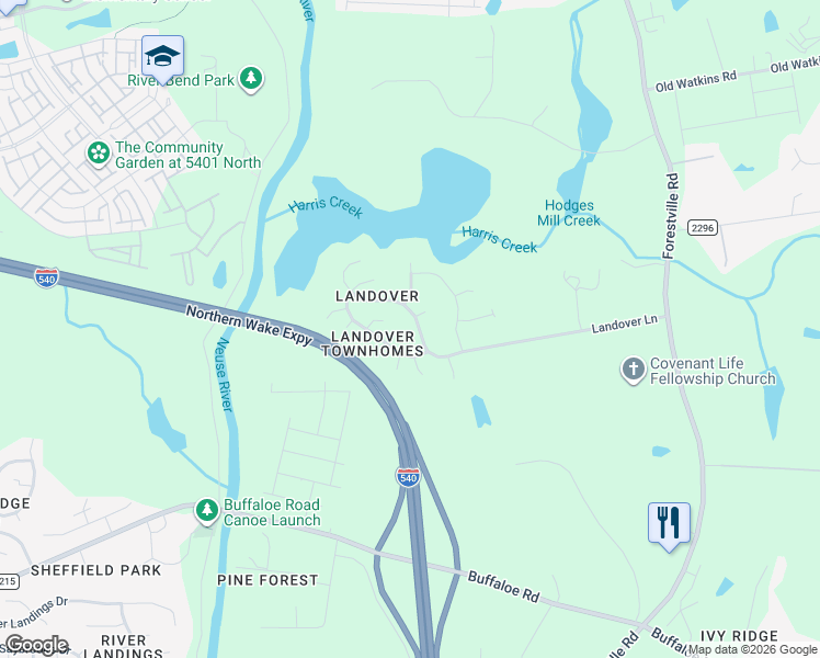 map of restaurants, bars, coffee shops, grocery stores, and more near 4604 Landover Woods Lane in Raleigh