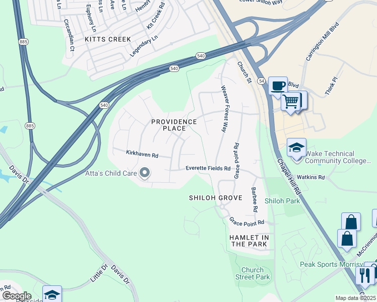 map of restaurants, bars, coffee shops, grocery stores, and more near 109 Gatewater Court in Morrisville