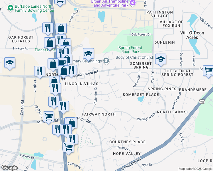map of restaurants, bars, coffee shops, grocery stores, and more near 5014 Sedgewick Drive in Raleigh