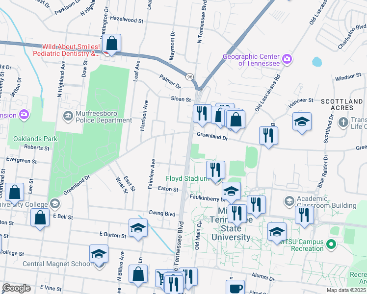 map of restaurants, bars, coffee shops, grocery stores, and more near 2739 Middle Tennessee Boulevard in Murfreesboro