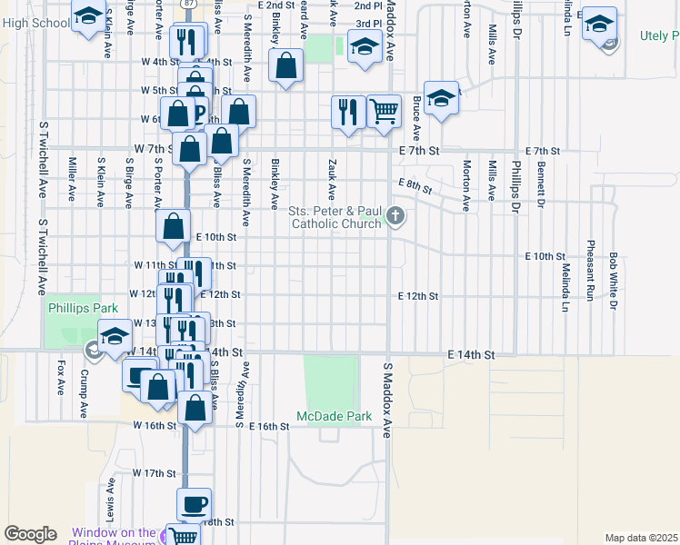 map of restaurants, bars, coffee shops, grocery stores, and more near East 11th Street in Dumas