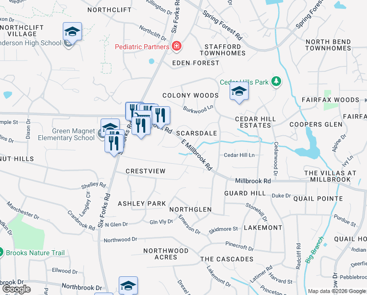 map of restaurants, bars, coffee shops, grocery stores, and more near 5200 Sedgefield Drive in Raleigh