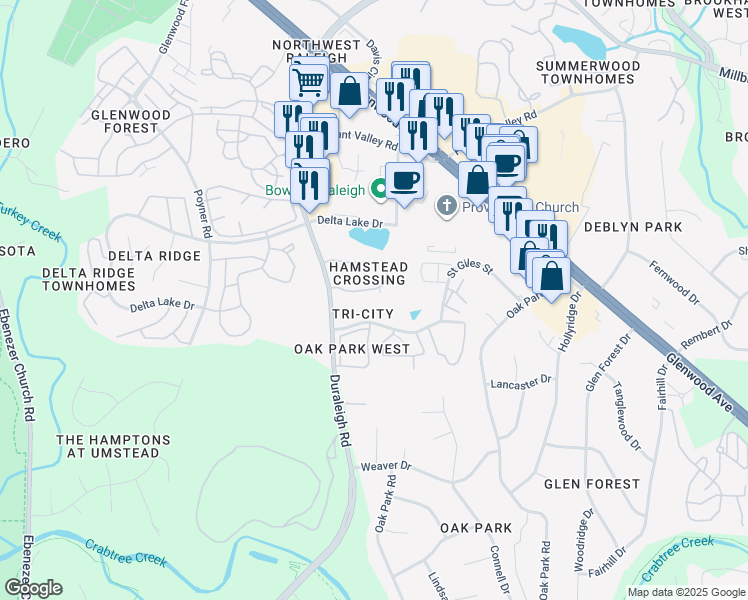map of restaurants, bars, coffee shops, grocery stores, and more near 5539 Hamstead Crossing in Raleigh