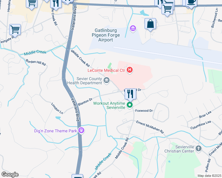 map of restaurants, bars, coffee shops, grocery stores, and more near 731 Middle Creek Road in Sevierville