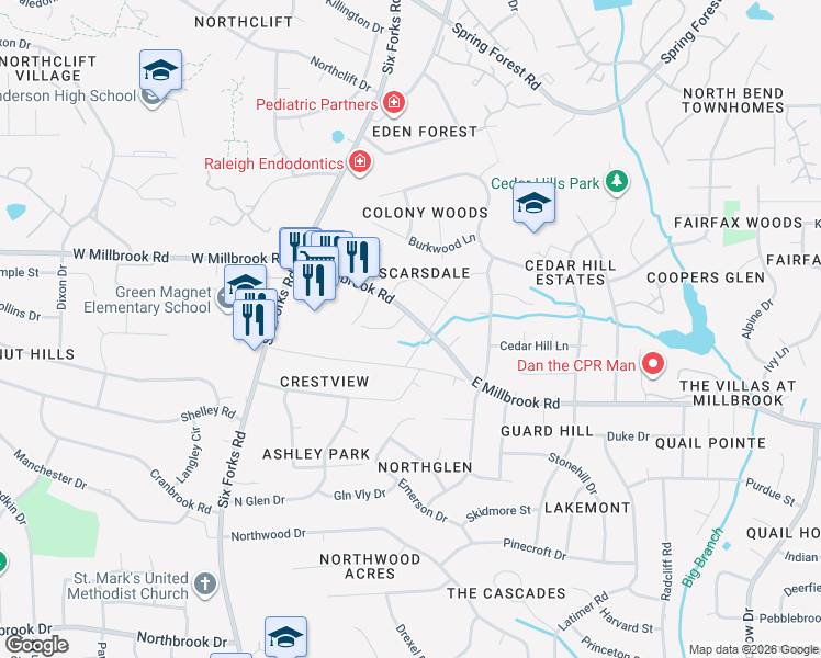 map of restaurants, bars, coffee shops, grocery stores, and more near 5200 Sedgefield Drive in Raleigh