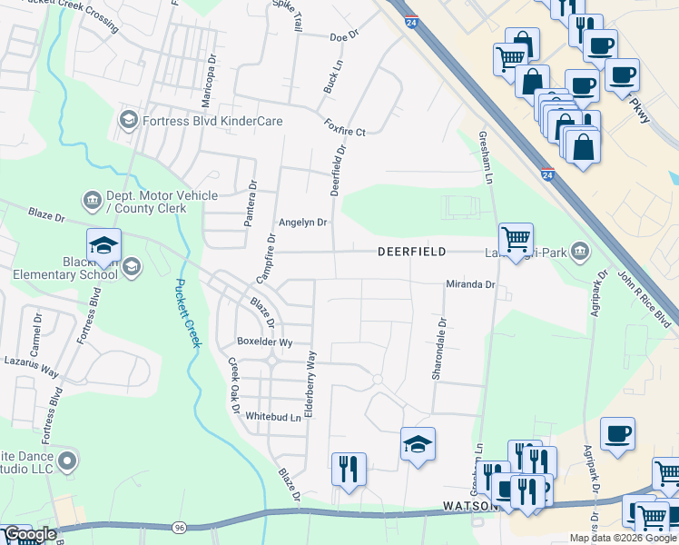 map of restaurants, bars, coffee shops, grocery stores, and more near 2503 Braxton Bragg Drive in Murfreesboro