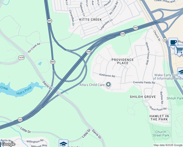 map of restaurants, bars, coffee shops, grocery stores, and more near 2014 Junewood Lane in Morrisville