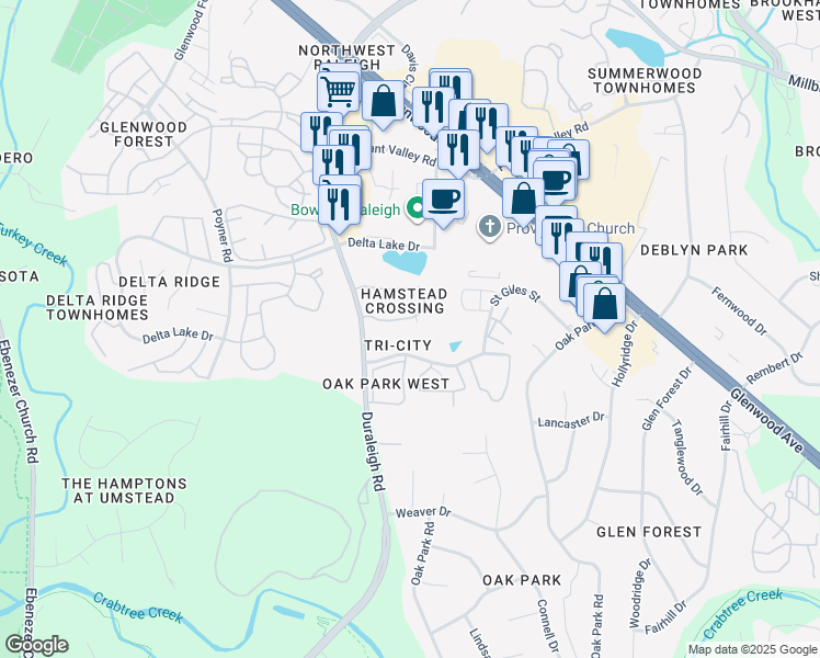 map of restaurants, bars, coffee shops, grocery stores, and more near 5539 Hamstead Crossing in Raleigh