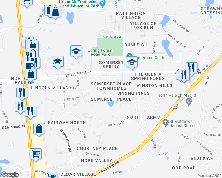 map of restaurants, bars, coffee shops, grocery stores, and more near 4423 Moss Garden Path in Raleigh