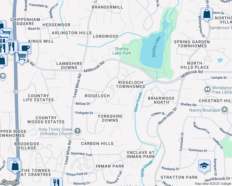map of restaurants, bars, coffee shops, grocery stores, and more near 5432 Pine Top Circle in Raleigh