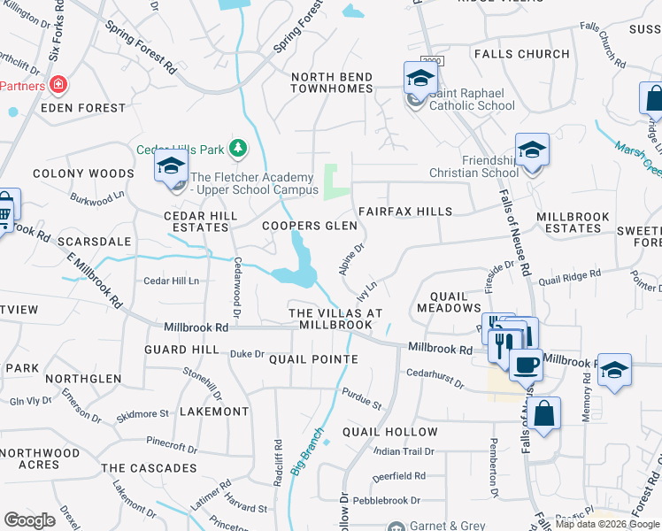 map of restaurants, bars, coffee shops, grocery stores, and more near 5401 Alpine Drive in Raleigh