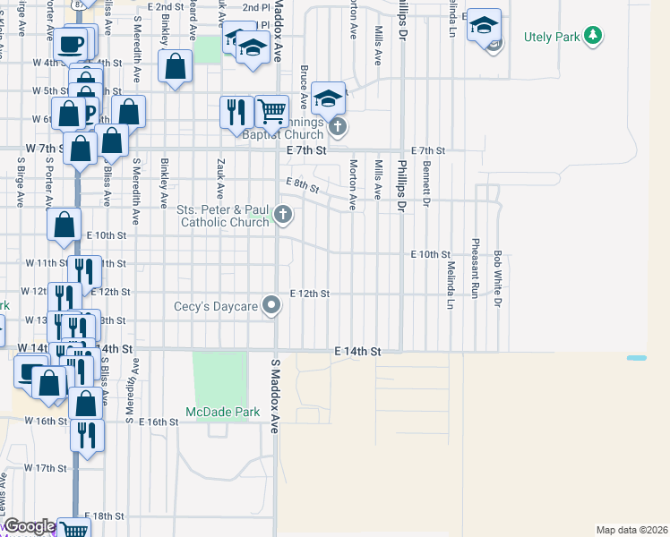 map of restaurants, bars, coffee shops, grocery stores, and more near 1000-1048 E 10th St in Dumas