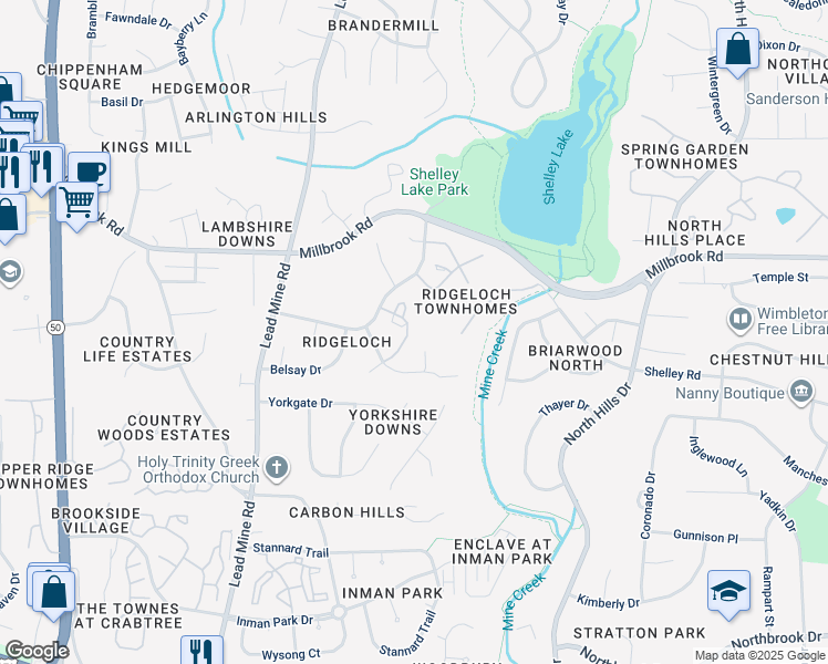 map of restaurants, bars, coffee shops, grocery stores, and more near 5432 Pine Top Circle in Raleigh