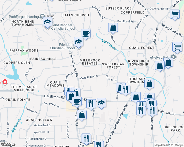 map of restaurants, bars, coffee shops, grocery stores, and more near 5209 Windwood Court in Raleigh