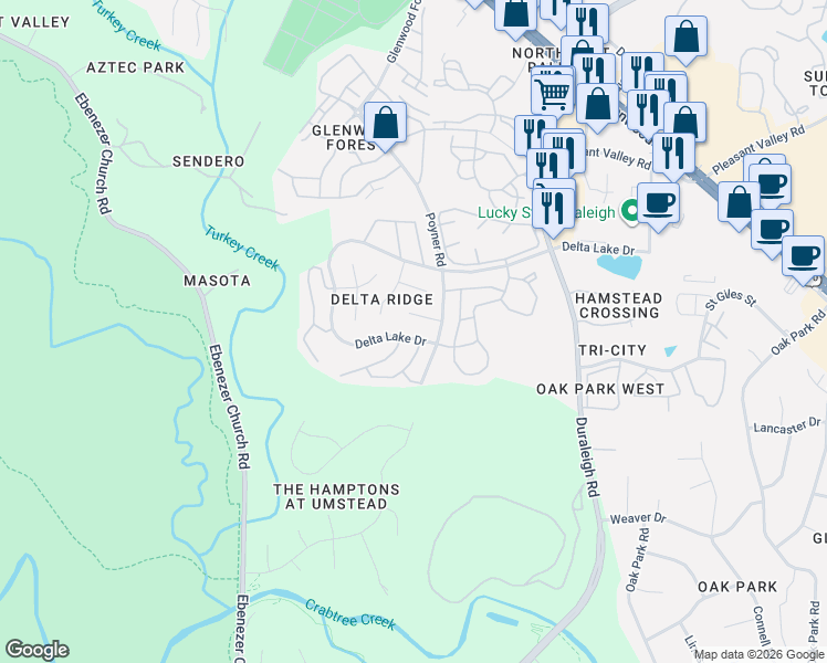 map of restaurants, bars, coffee shops, grocery stores, and more near 4705 Delta Ridge Court in Raleigh