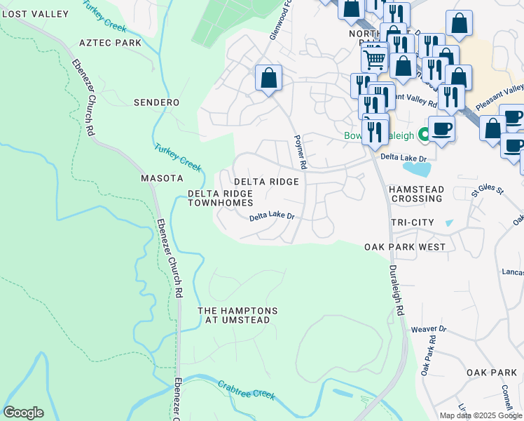 map of restaurants, bars, coffee shops, grocery stores, and more near 5021 Delta Lake Drive in Raleigh