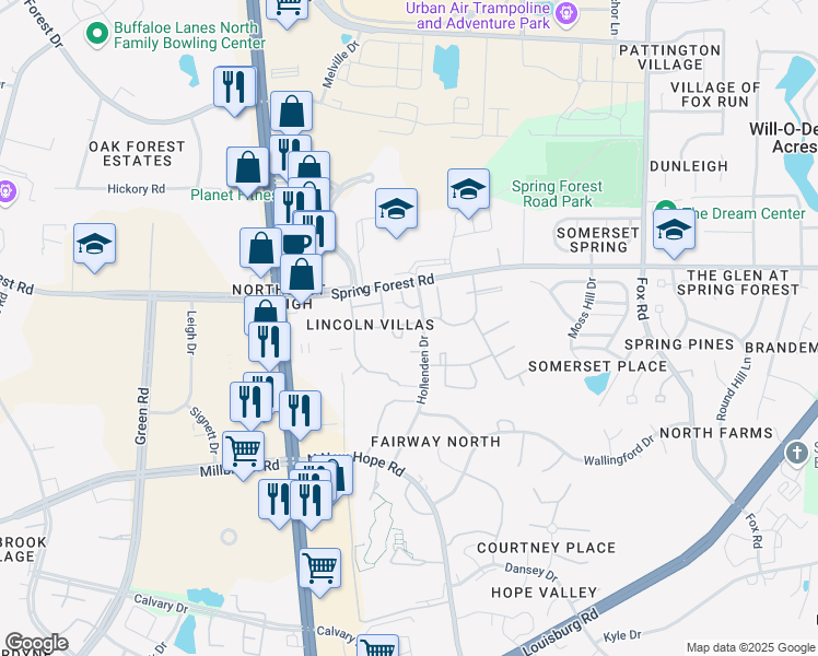 map of restaurants, bars, coffee shops, grocery stores, and more near 3810 Grey Harbor Drive in Raleigh