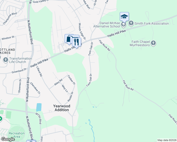 map of restaurants, bars, coffee shops, grocery stores, and more near 819 Twin Oak Drive in Murfreesboro